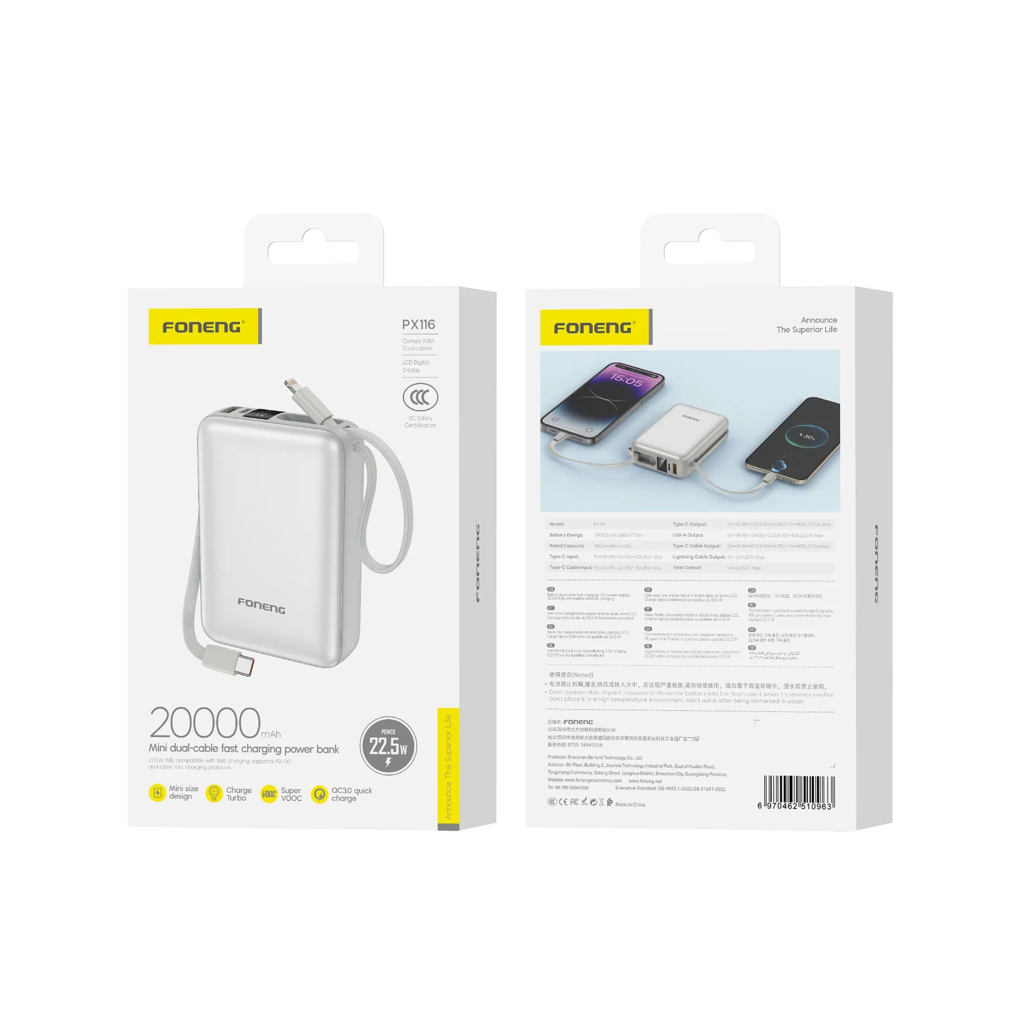 Foneng PX116 20000mAh Mini Power Bank with 2 Built-in Cables (22.5W)
