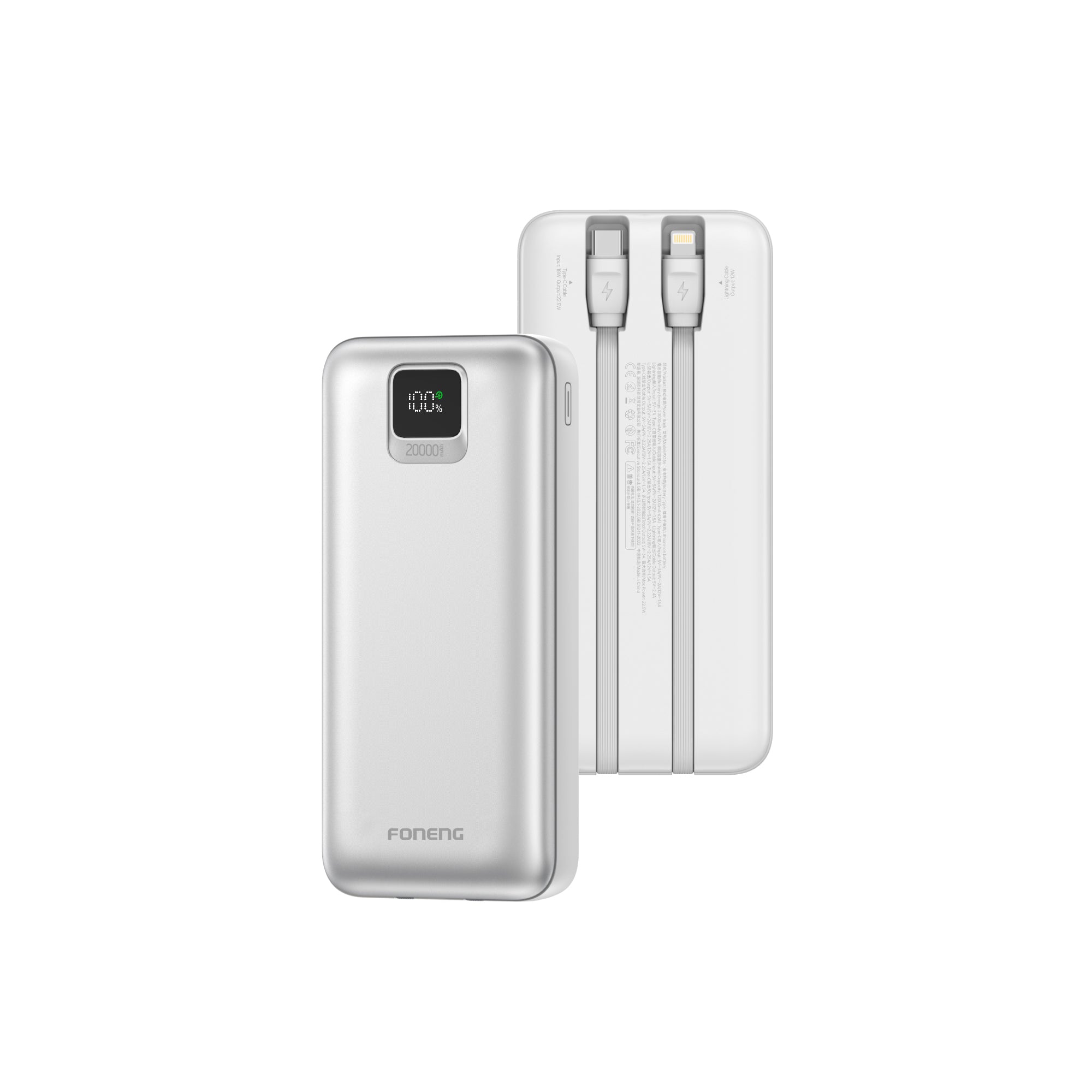 Foneng 20000mAh PX136 Portable Power Bank with 2 Cables 22.5W