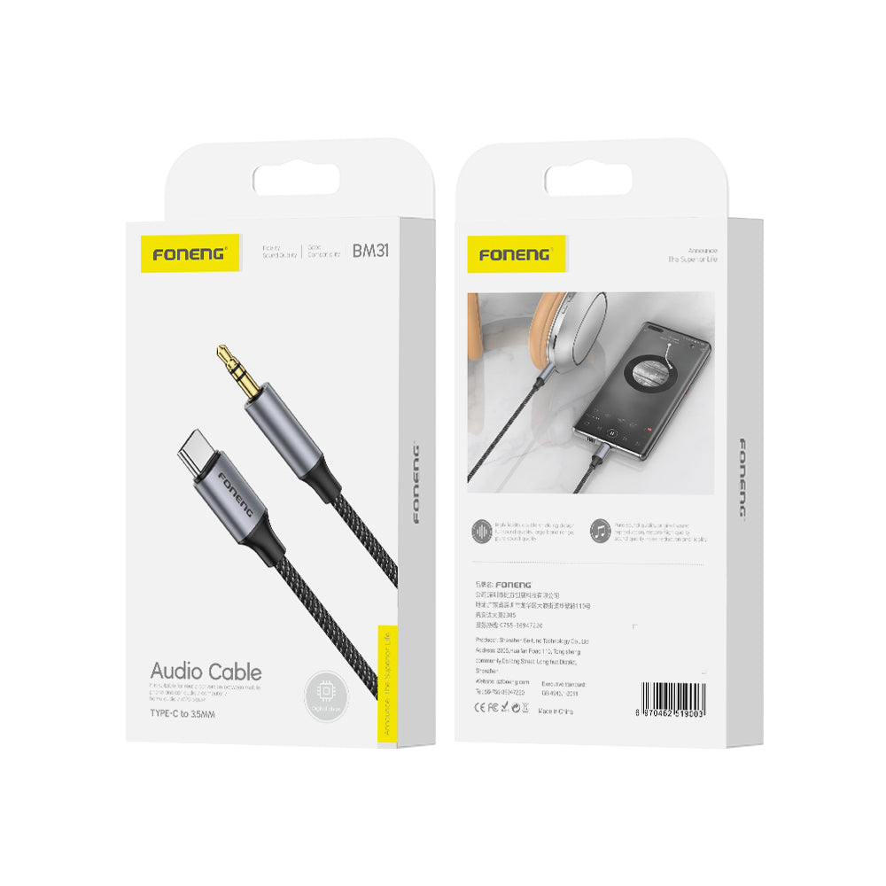 Foneng BM31 Metal Audio Cable – Male 3.5mm to Type-C / Male 3.5mm to Lightning