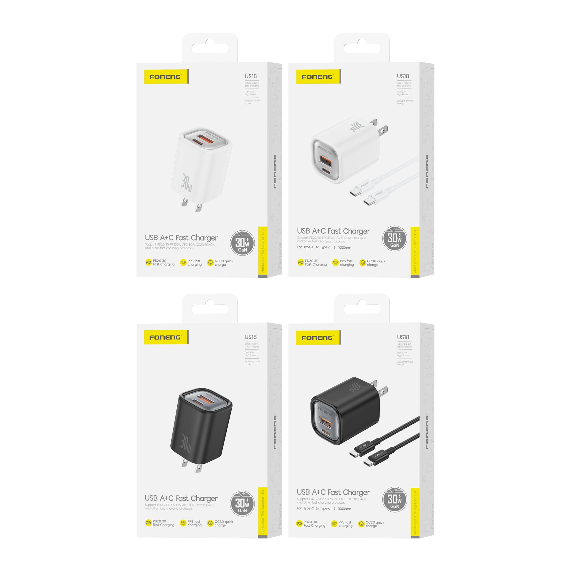 Foneng US18 A+C 2-Port GaN Charger PD (30W) With C To C Cable
